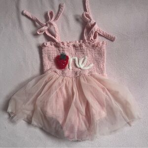 Baby’s 1st Birthday Pink Tulle Dress with Strawberry Detail.